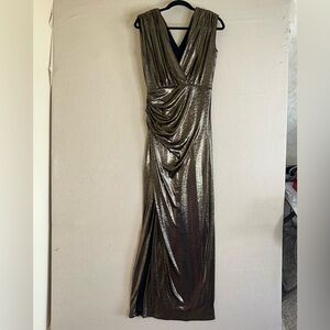 Halston Heritage Misha Metallic Jersey Wrap Gown in Antique Gold Size 6
